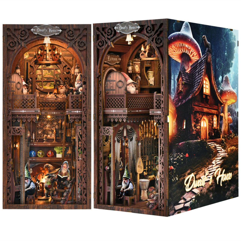 Multi-angle view of the Snow White book nook fully unfolded, showing both Bedroom wings, the Kitchen, and the mushroom-forest exterior cover