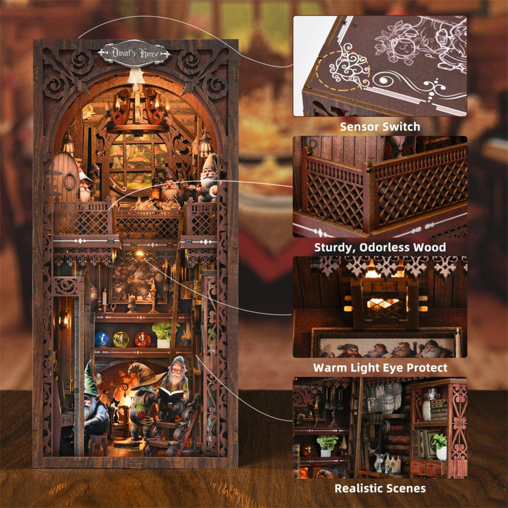 Feature close-ups of the Snow White book nook: sensor switch, sturdy odorless wood, warm eye-protect LED, and realistic dwarf scenes