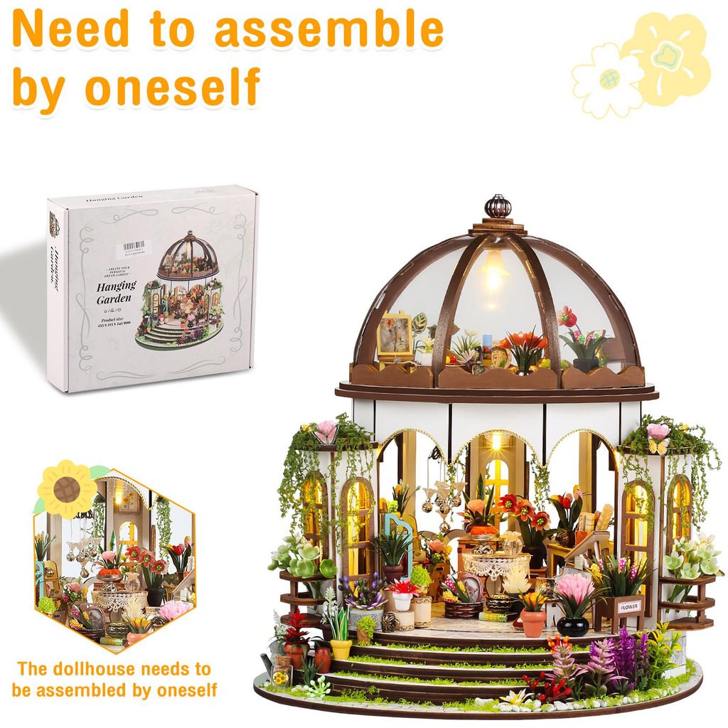 DIY Book Nook Kit | Hanging Garden Miniature House 3D Wooden Puzzle | LED Bookshelf Insert Gift