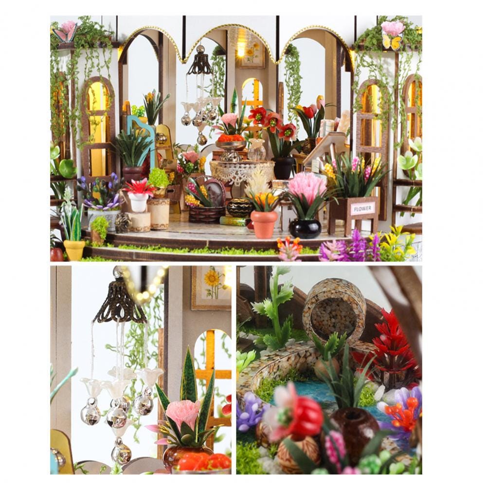 DIY Book Nook Kit | Hanging Garden Miniature House 3D Wooden Puzzle | LED Bookshelf Insert Gift