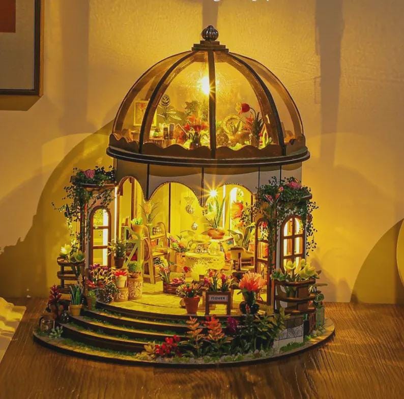 DIY Book Nook Kit | Hanging Garden Miniature House 3D Wooden Puzzle | LED Bookshelf Insert Gift