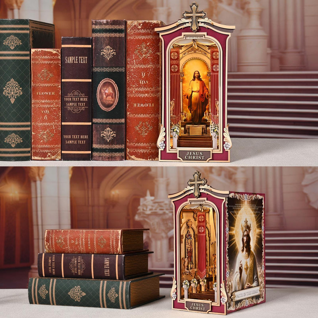 Book Nook DIY Kit Cathedral Miniature Diorama Wooden Bookshelf Insert with LED Lights