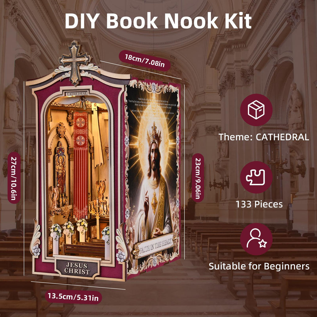 Book Nook DIY Kit Cathedral Miniature Diorama Wooden Bookshelf Insert with LED Lights