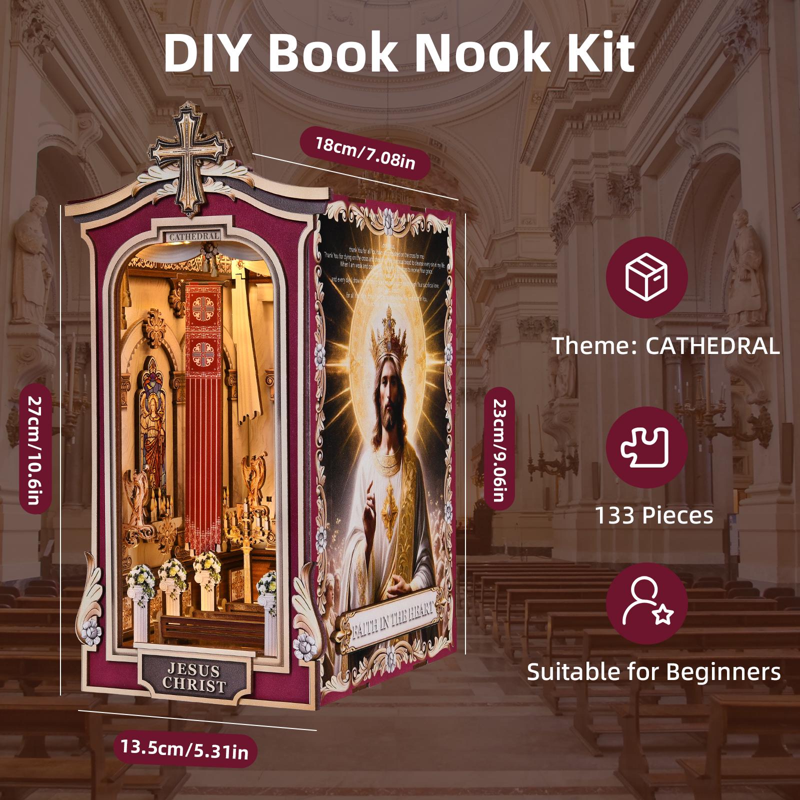 Book Nook DIY Kit Cathedral Miniature Diorama Wooden Bookshelf Insert with LED Lights