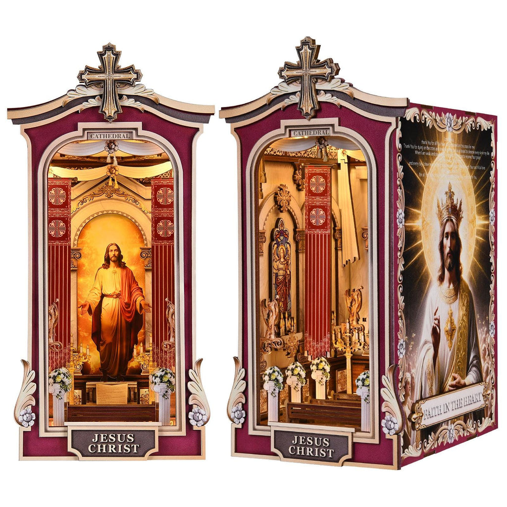 Book Nook DIY Kit Cathedral Miniature Diorama Wooden Bookshelf Insert with LED Lights