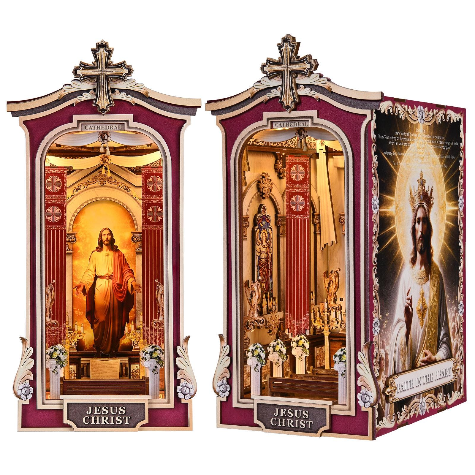 Book Nook DIY Kit Cathedral Miniature Diorama Wooden Bookshelf Insert with LED Lights