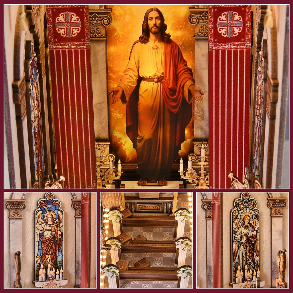 Book Nook DIY Kit Cathedral Miniature Diorama Wooden Bookshelf Insert with LED Lights