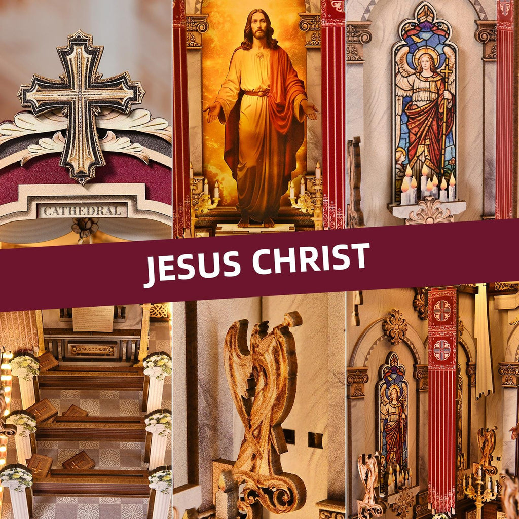 Book Nook DIY Kit Cathedral Miniature Diorama Wooden Bookshelf Insert with LED Lights