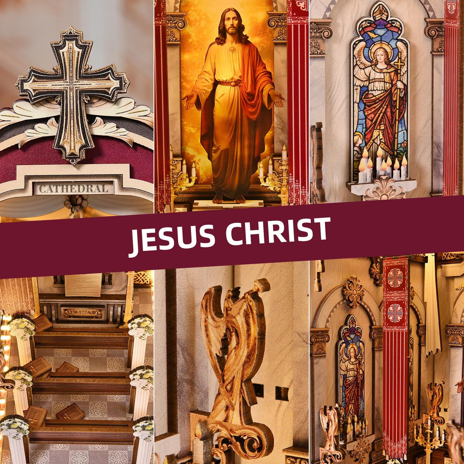 Book Nook DIY Kit Cathedral Miniature Diorama Wooden Bookshelf Insert with LED Lights