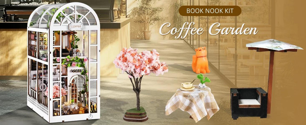 Book Nook Kit - Coffee Garden DIY Miniature Bookshelf Insert with LED Lights - Wooden Bookshelf Insert Diorama
