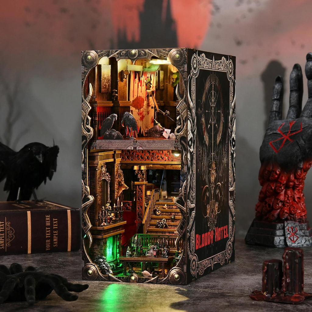 Book Nook Kit - Bloody Hotel Haunted Horror Bookshelf Insert DIY Miniature House LED