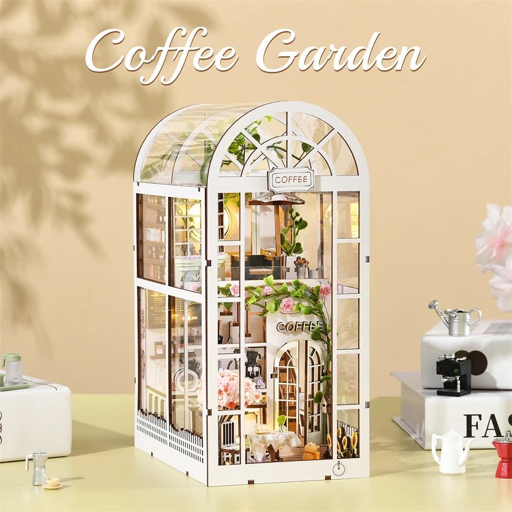 Book Nook Kit - Coffee Garden DIY Miniature Bookshelf Insert with LED Lights - 3D Puzzle Assembly Step by Step