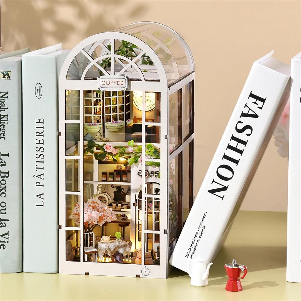 Book Nook Kit - Coffee Garden DIY Miniature Bookshelf Insert with LED Lights - Miniature Room Close-Up Detail