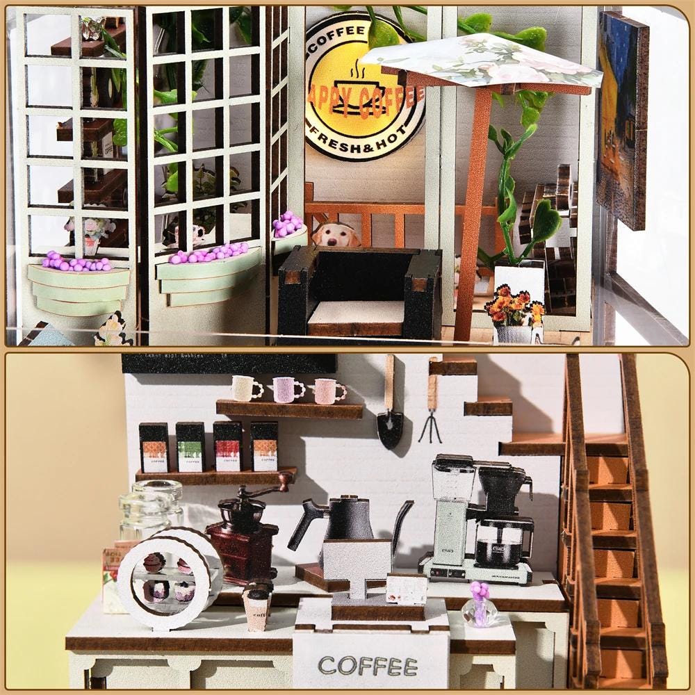 Book Nook Kit - Coffee Garden DIY Miniature Bookshelf Insert with LED Lights - Finished Miniature Diorama View