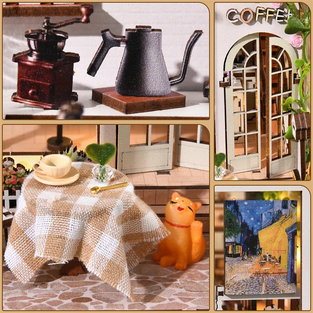 Book Nook Kit - Coffee Garden DIY Miniature Bookshelf Insert with LED Lights - DIY Kit Pieces and Components