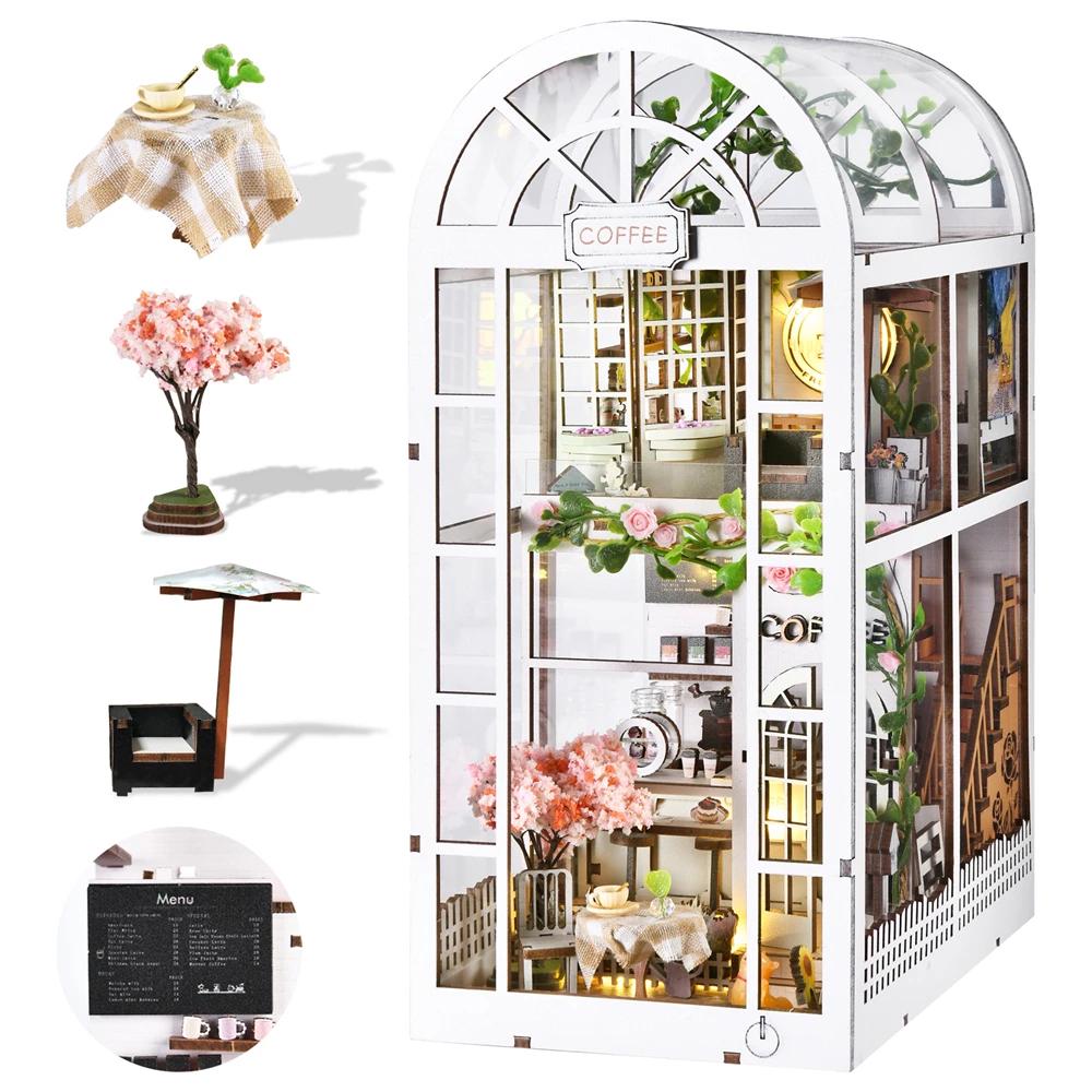 Book Nook Kit - Coffee Garden DIY Miniature Bookshelf Insert with LED Lights - DIY Miniature Kit with LED Lights