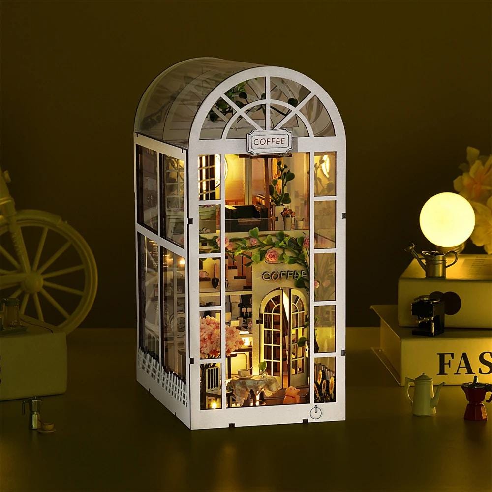 Book Nook Kit - Coffee Garden DIY Miniature Bookshelf Insert with LED Lights - Book Nook DIY Kit | Miniverse Studio