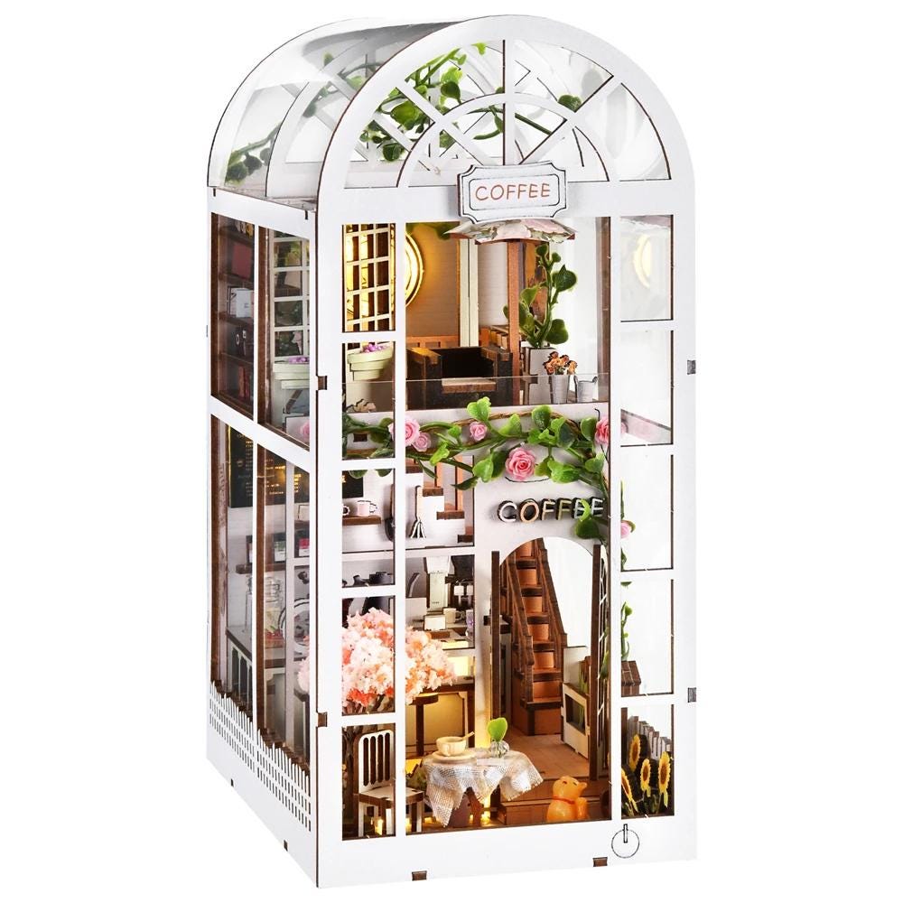 Book Nook Kit - Coffee Garden DIY Miniature Bookshelf Insert with LED Lights - Book Nook Kit Detail 13
