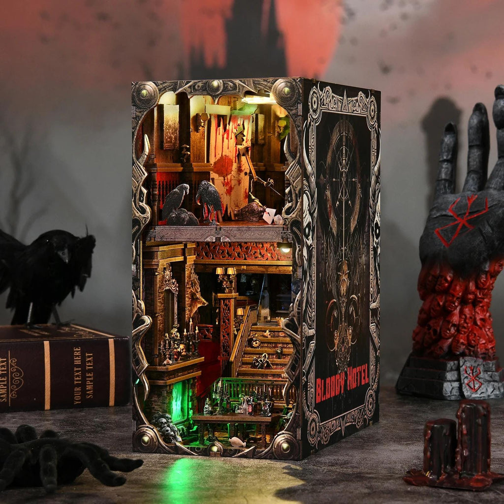 Book Nook Kit - Bloody Hotel Haunted Horror Bookshelf Insert DIY Miniature House LED