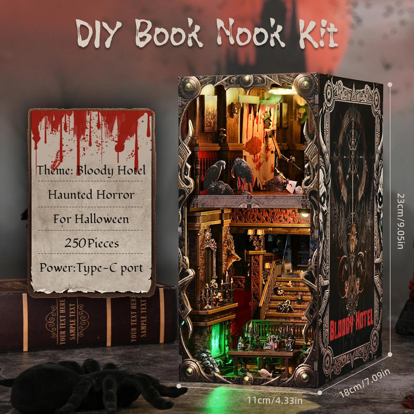 Book Nook Kit - Bloody Hotel Haunted Horror Bookshelf Insert DIY Miniature House LED