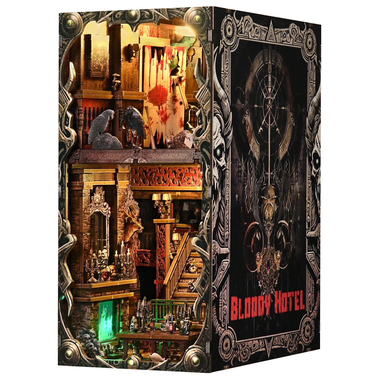 Book Nook Kit - Bloody Hotel Haunted Horror Bookshelf Insert DIY Miniature House LED