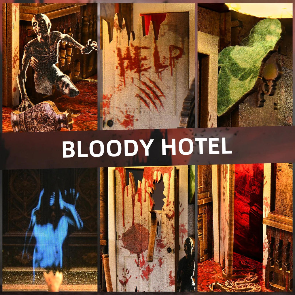 Book Nook Kit - Bloody Hotel Haunted Horror Bookshelf Insert DIY Miniature House LED