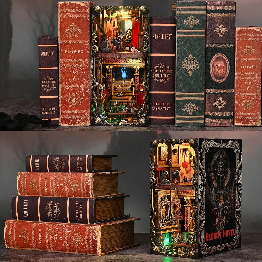 Book Nook Kit - Bloody Hotel Haunted Horror Bookshelf Insert DIY Miniature House LED