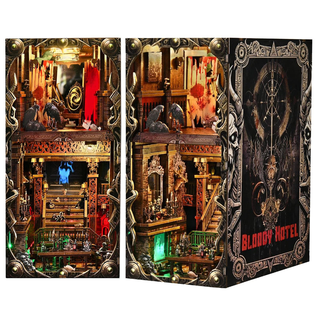 Book Nook Kit - Bloody Hotel Haunted Horror Bookshelf Insert DIY Miniature House LED