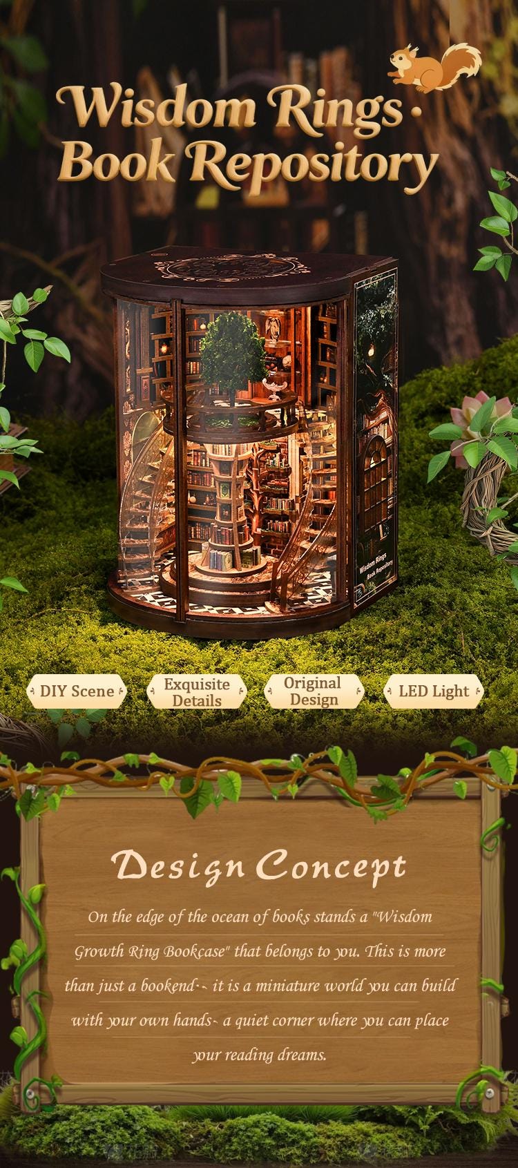 DIY Book Nook Kit Wisdom Rings Miniature Bookshelf Insert LED Dust Cover 3D Puzzle Fantasy - Book Nook Kit Detail 9