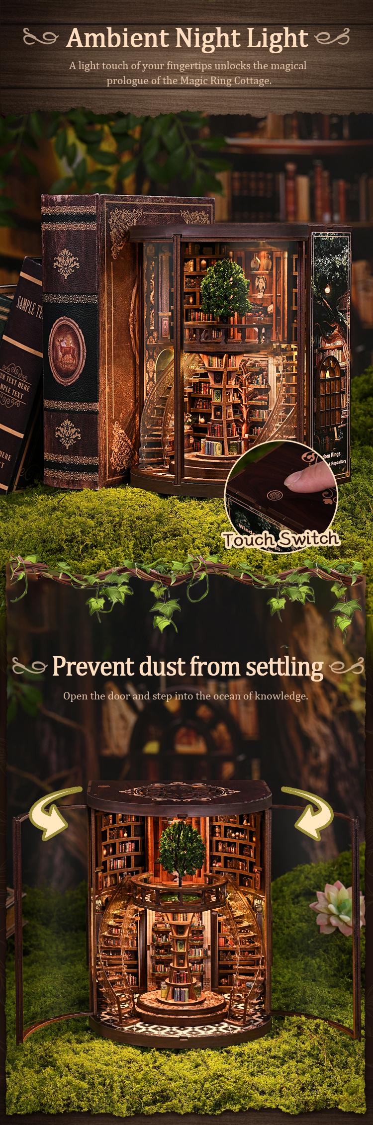 DIY Book Nook Kit Wisdom Rings Miniature Bookshelf Insert LED Dust Cover 3D Puzzle Fantasy - Book Nook Kit Detail 10