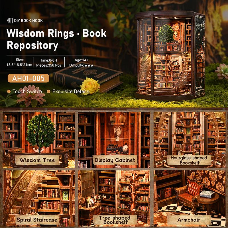 DIY Book Nook Kit Wisdom Rings Miniature Bookshelf Insert LED Dust Cover 3D Puzzle - Wooden Bookshelf Insert Diorama