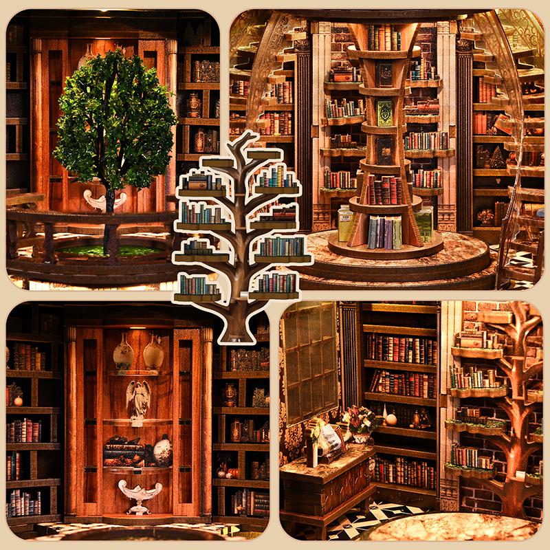 DIY Book Nook Kit Wisdom Rings Miniature Bookshelf Insert LED Dust Cover 3D Puzzle - 3D Puzzle Assembly Step by Step