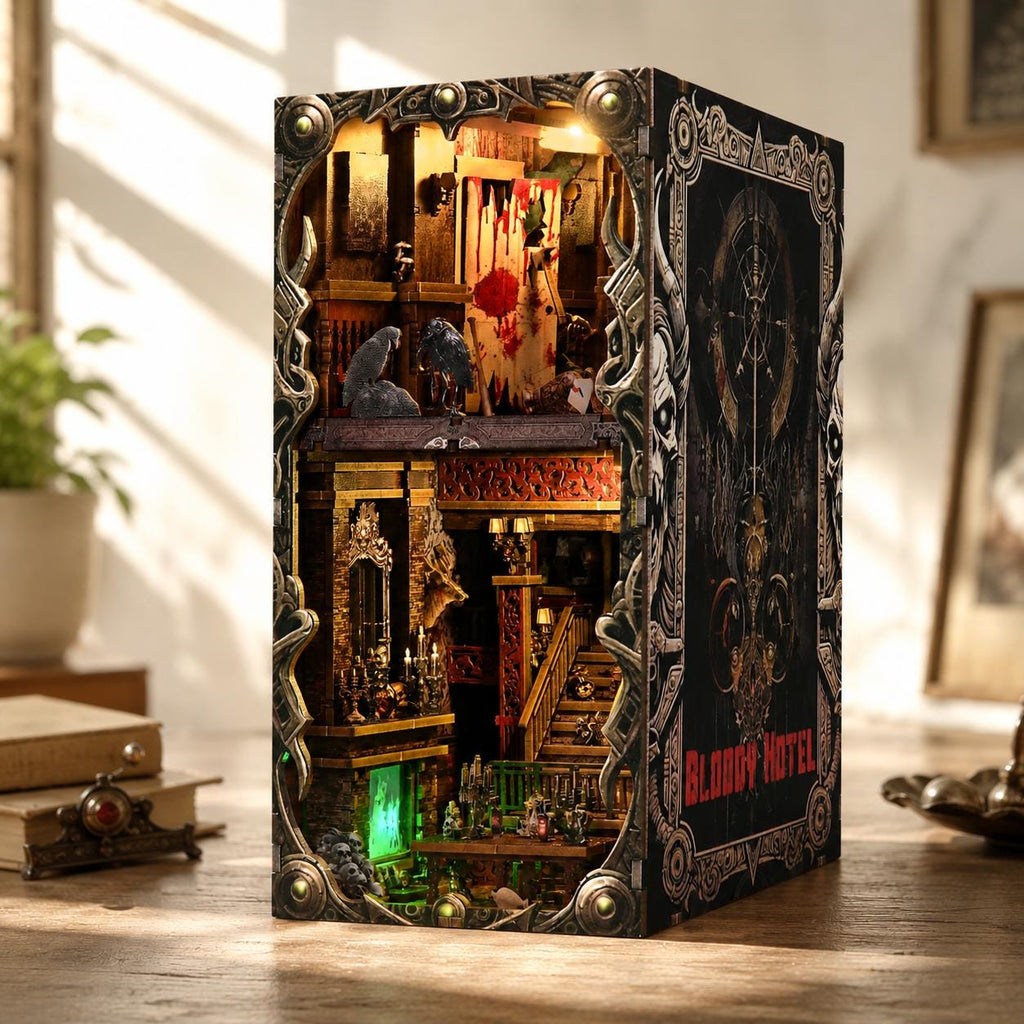 Book Nook Kit - Bloody Hotel Haunted Horror Bookshelf Insert DIY Miniature House LED