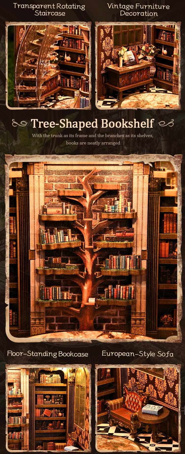 DIY Book Nook Kit Wisdom Rings Miniature Bookshelf Insert LED Dust Cover 3D Puzzle Fantasy - Book Nook Kit Detail 13