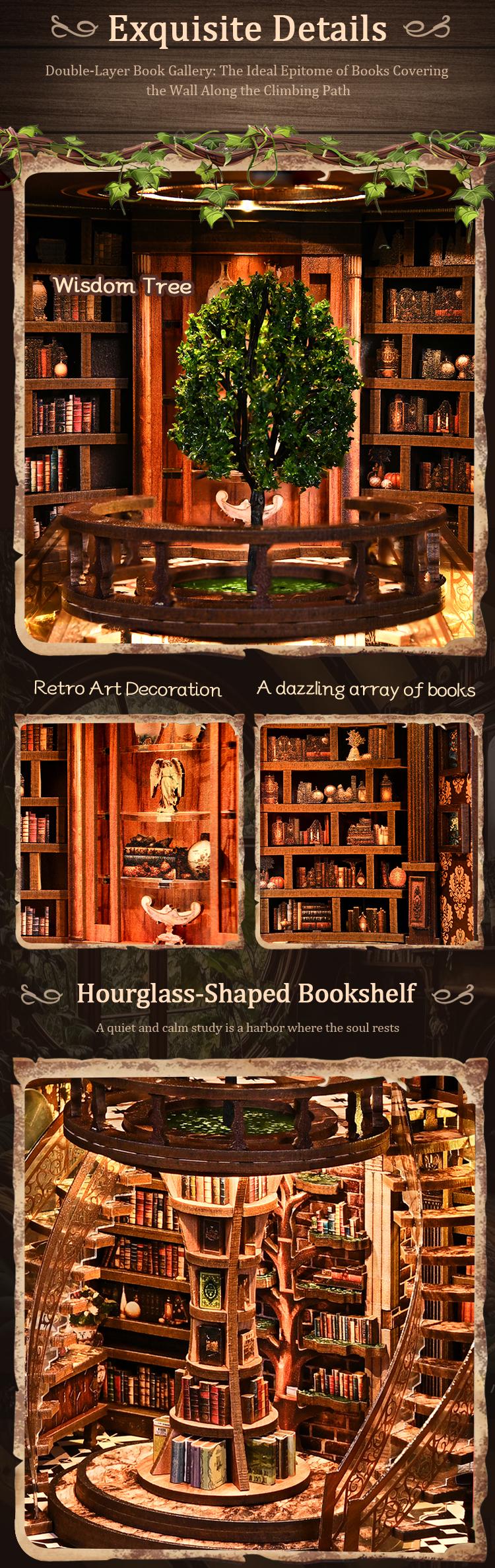 DIY Book Nook Kit Wisdom Rings Miniature Bookshelf Insert LED Dust Cover 3D Puzzle Fantasy - Book Nook Kit Detail 12