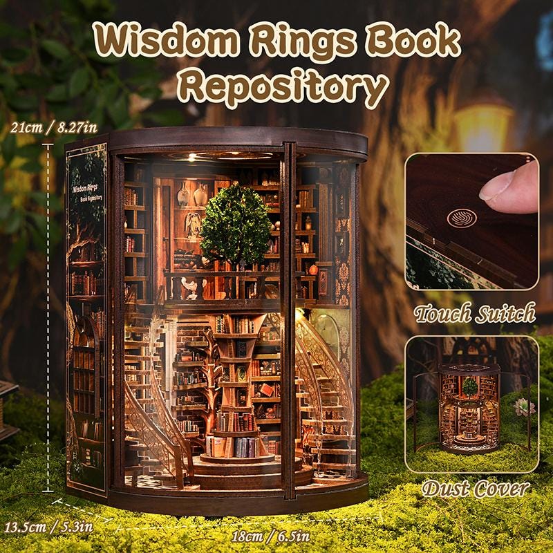 DIY Book Nook Kit Wisdom Rings Miniature Bookshelf Insert LED Dust Cover 3D Puzzle - Completed Book Nook Display