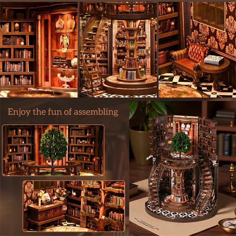 DIY Book Nook Kit Wisdom Rings Miniature Bookshelf Insert LED Dust Cover 3D Puzzle - DIY Kit Pieces and Components