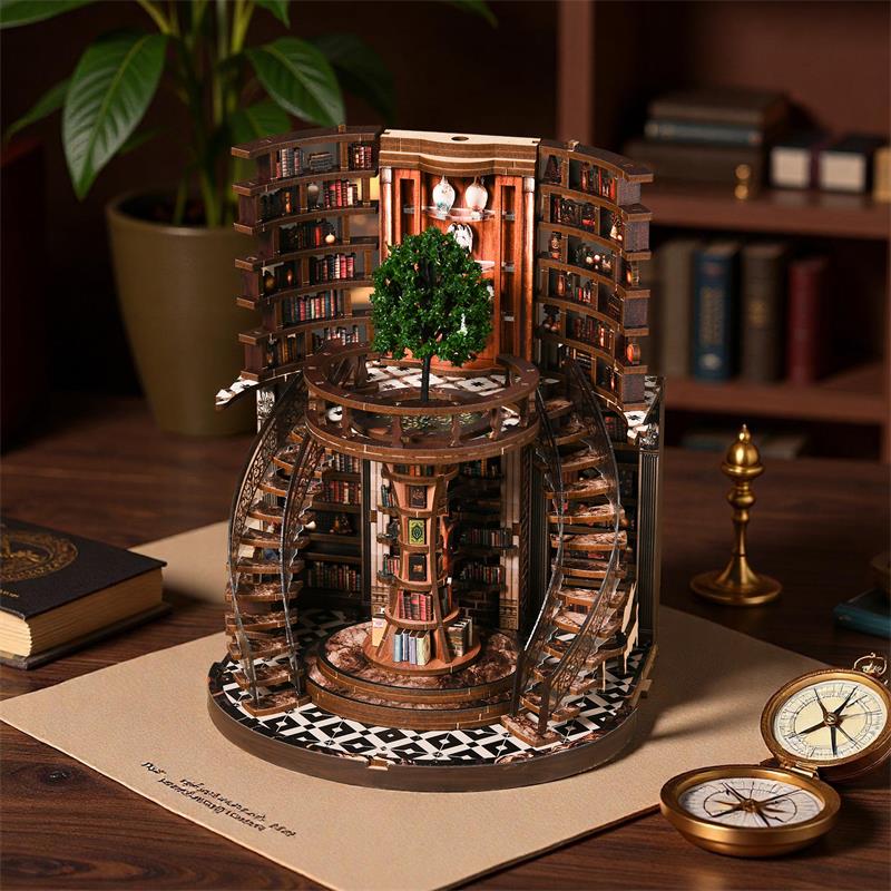 DIY Book Nook Kit Wisdom Rings Miniature Bookshelf Insert LED Dust Cover 3D - DIY Miniature Kit with LED Lights