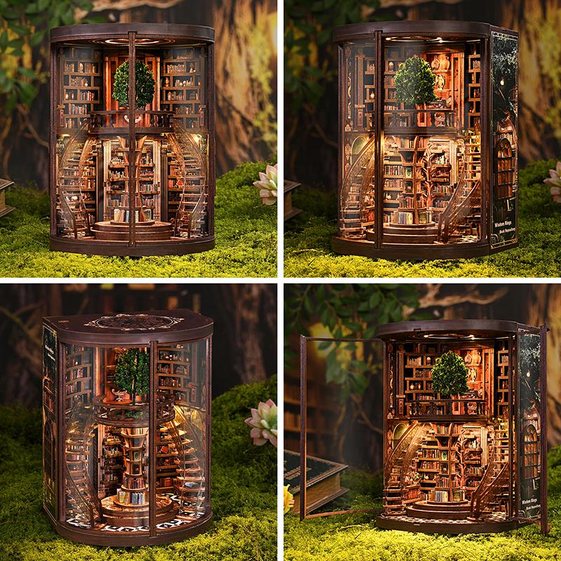 DIY Book Nook Kit Wisdom Rings Miniature Bookshelf Insert LED Dust Cover 3D Puzzle - Miniature Room Close-Up Detail