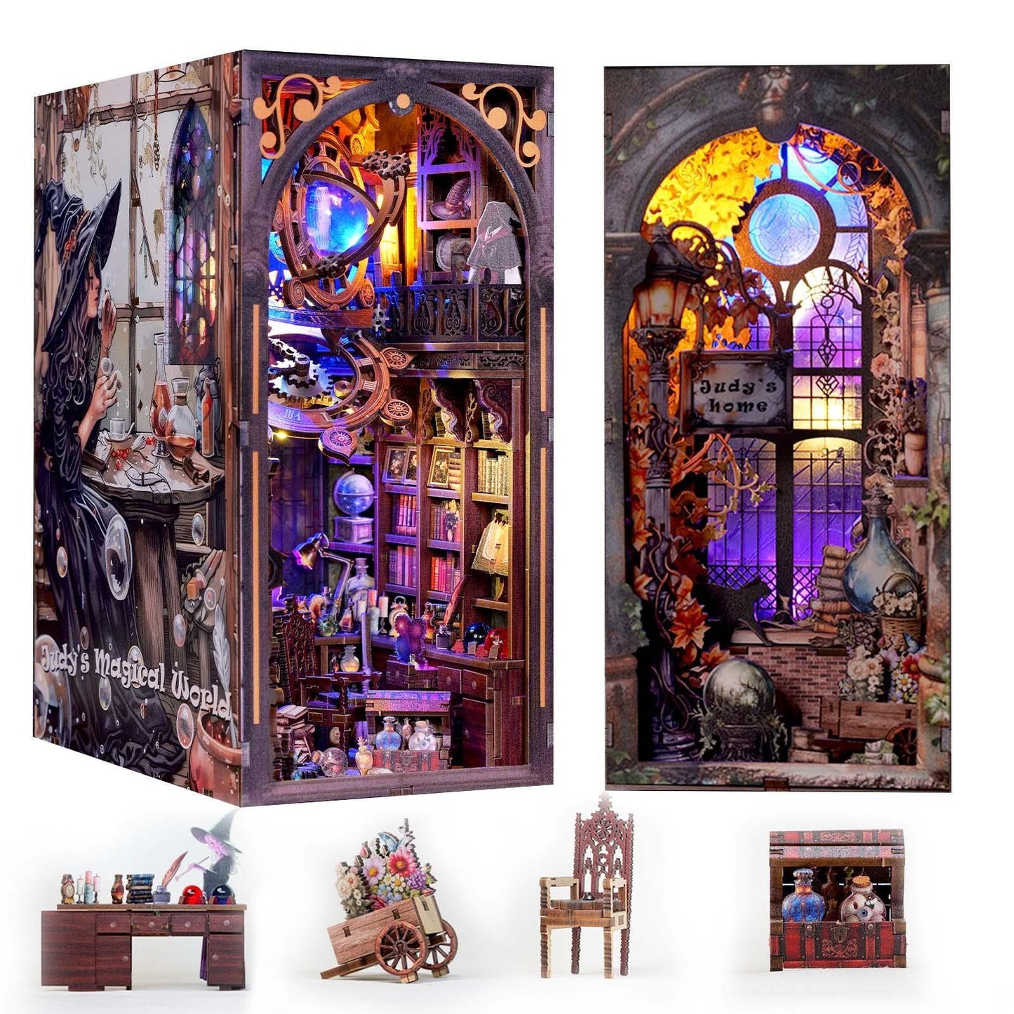 Kit Book Nook Mundo Mágico de Judy con LED | Casa Bruja 3D | Doble Cara | Diorama Estantería - Miniverse Studio
