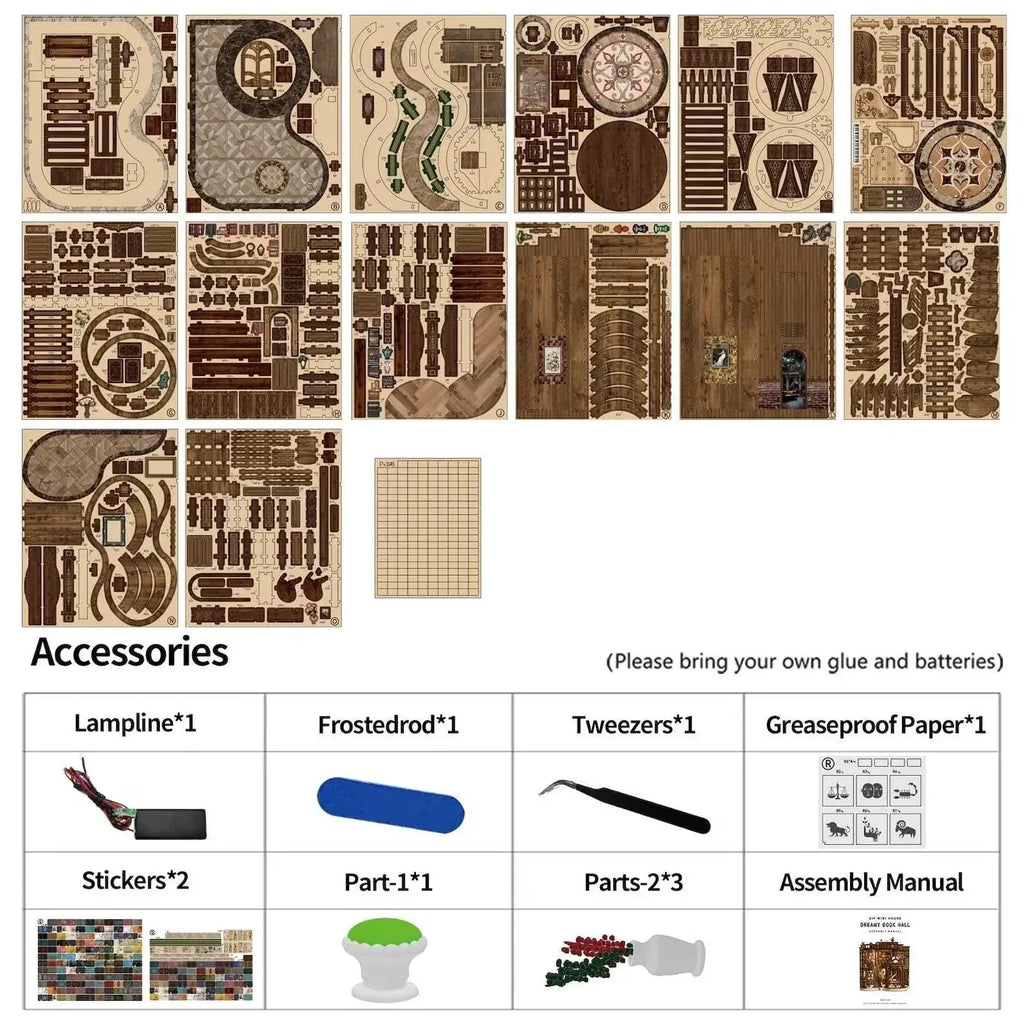 Miniature DIY Bookend Kit – Qimeng Book Hall – Handcrafted Cottage with Lights & Furniture