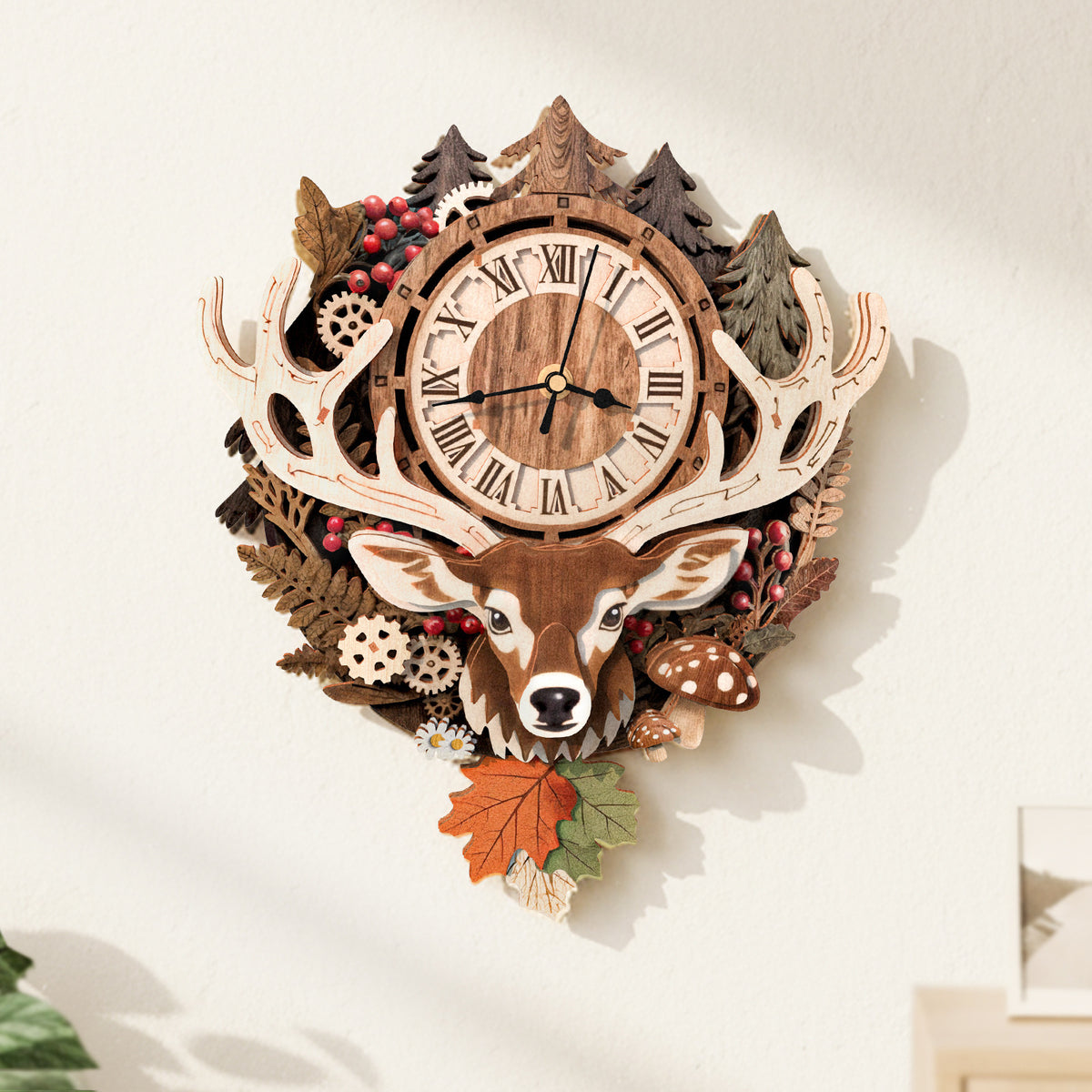 Reindeer Wall Clock Kit | DIY 3D Wooden Puzzle with Pendulum - product photo