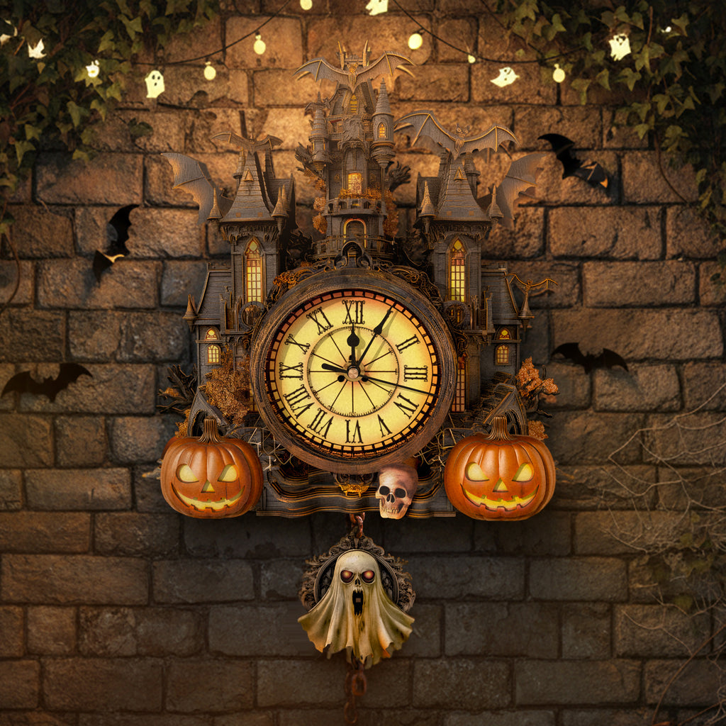 Haunted Castle Wall Clock Kit | DIY 3D Wooden Puzzle with Pendulum - product photo