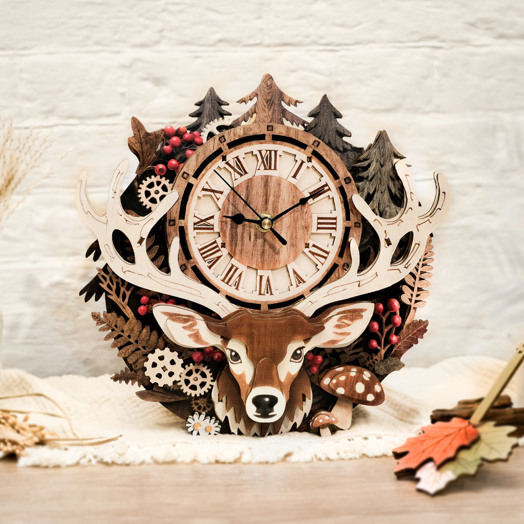 Reindeer Wall Clock Kit | DIY 3D Wooden Puzzle with Pendulum - product photo