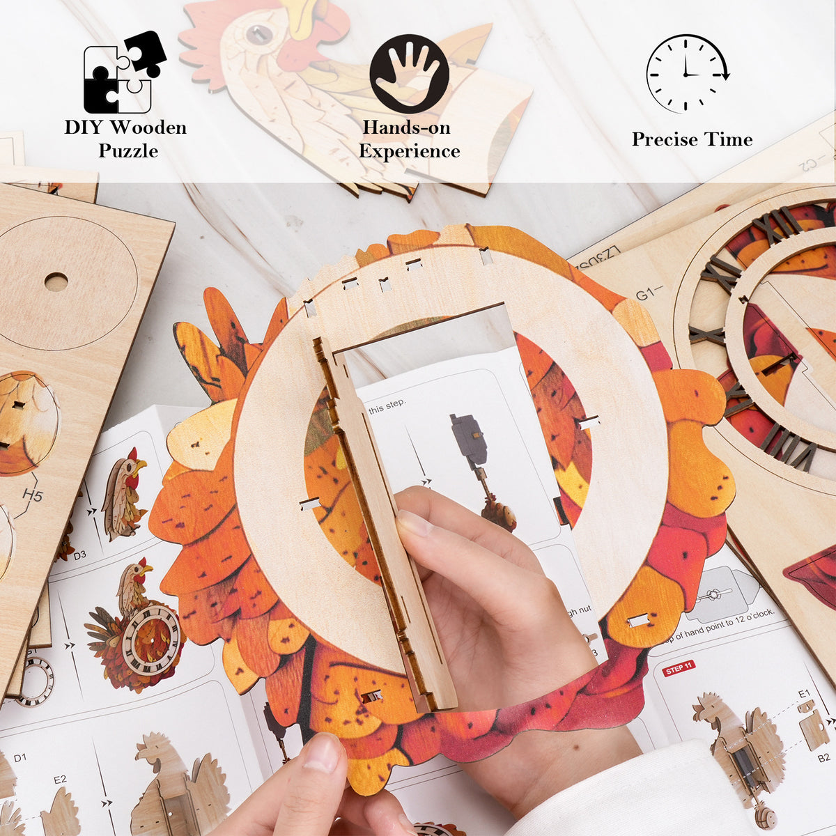 Rooster Wall Clock Kit | DIY 3D Wooden Puzzle with Pendulum - product photo