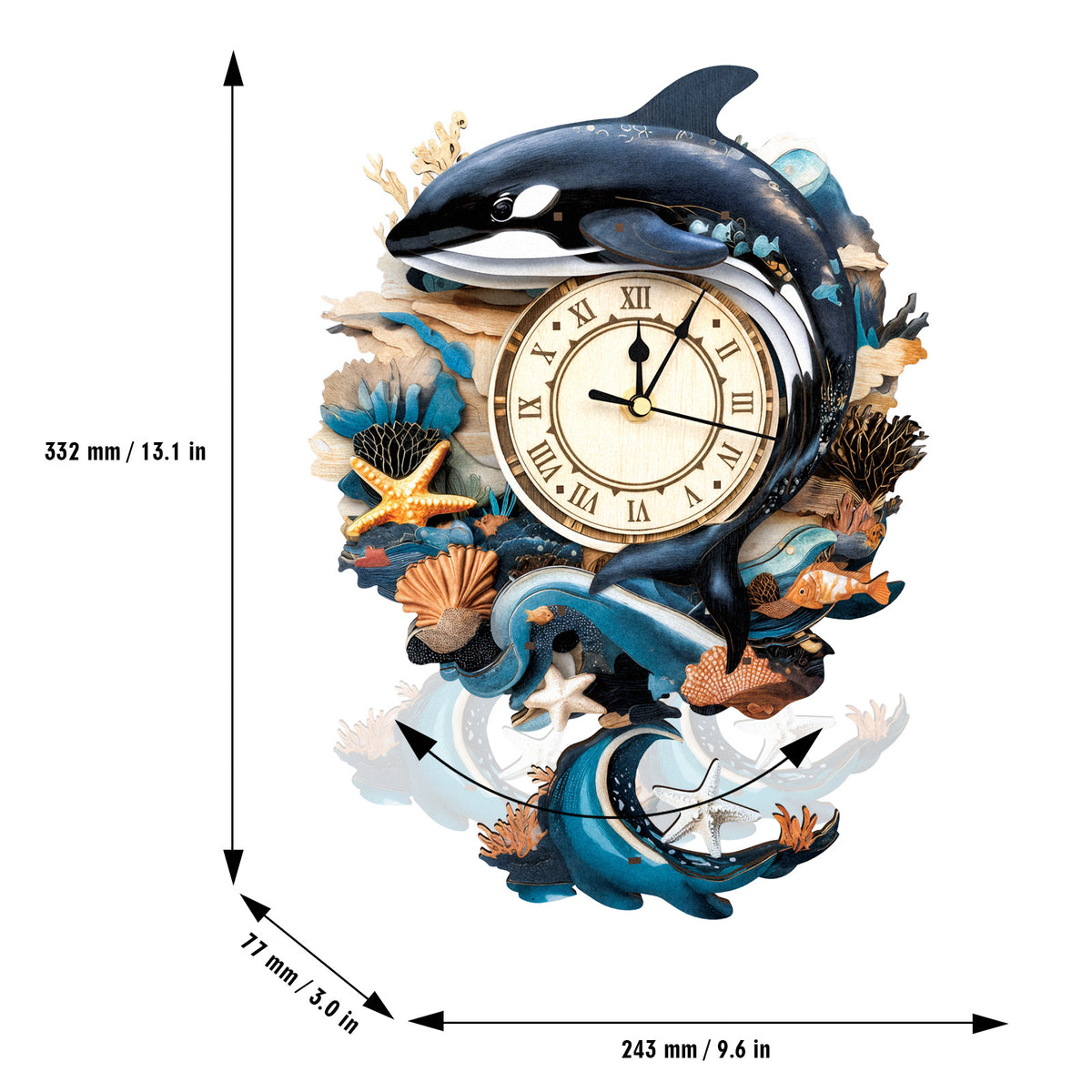Orca Whale Wall Clock Kit | DIY 3D Wooden Puzzle with Pendulum - product photo