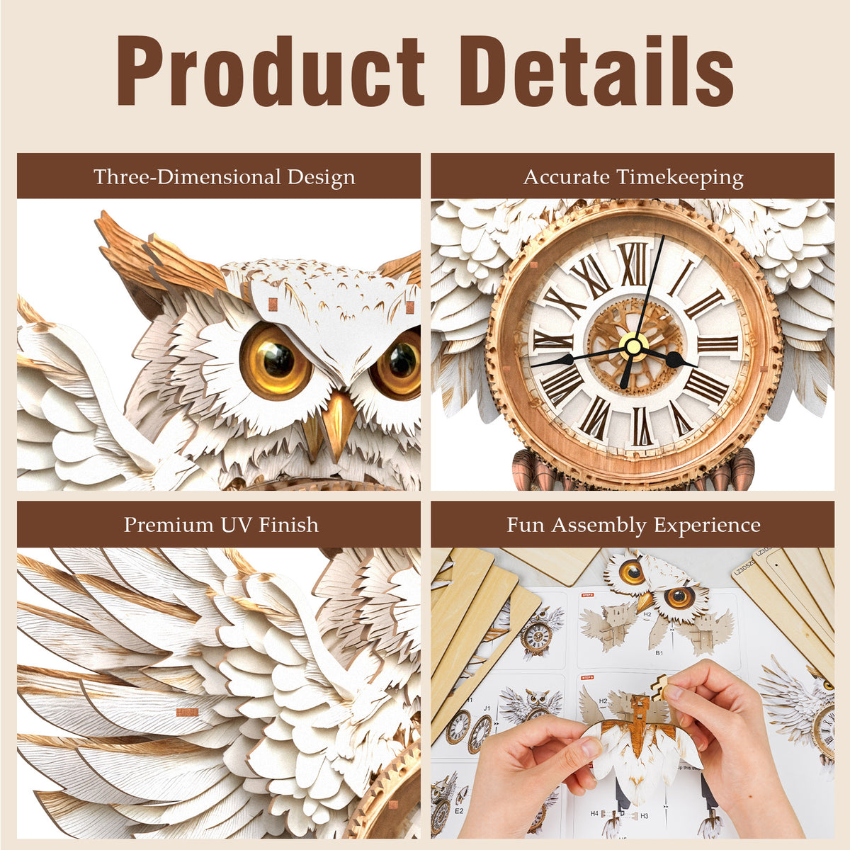 Snowy Owl Wall Clock Kit | DIY 3D Wooden Puzzle with Gears - product photo
