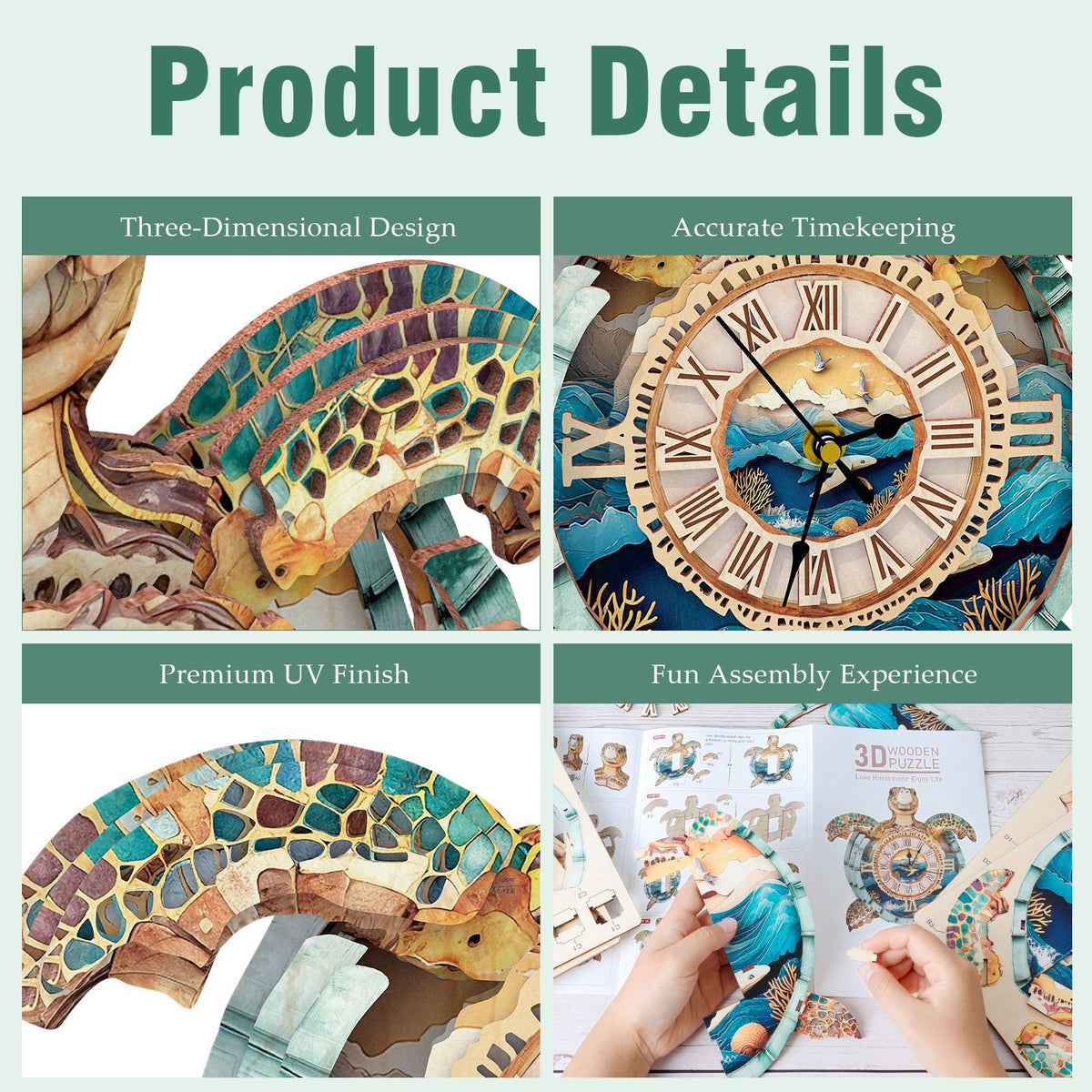 Sea Turtle Wall Clock Kit | DIY 3D Wooden Puzzle with Pendulum - product photo