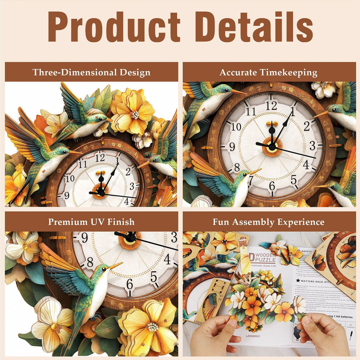 Hummingbird Wall Clock Kit | DIY 3D Wooden Puzzle with Pendulum - product photo