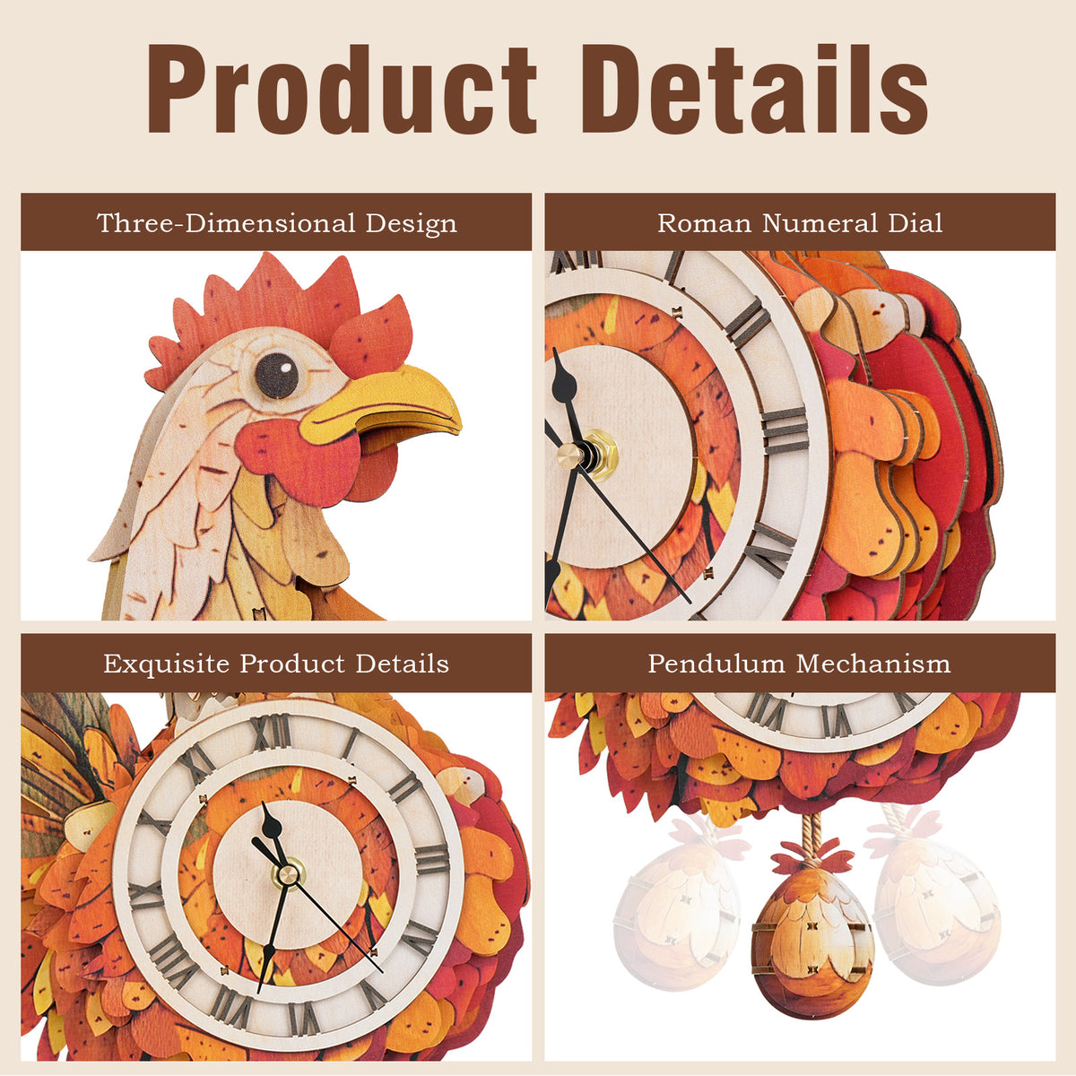 Rooster Wall Clock Kit | DIY 3D Wooden Puzzle with Pendulum - product photo